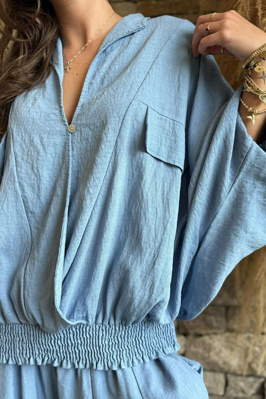 Basso Button Drape Batwing Shirt Denim